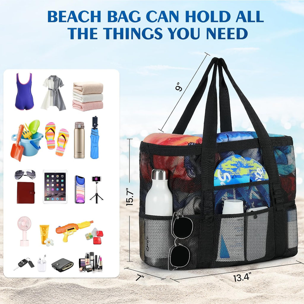 Mesh Beach Bag by [Brand Name] - Large Tote with 8 Pockets for Vacation Essentials