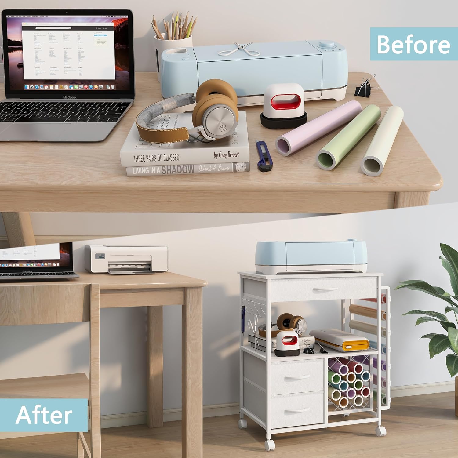 VENNQD Storage Cart - Cricut Machine Stand with Drawers & Vinyl Roll Holder | White Craft Cabinet