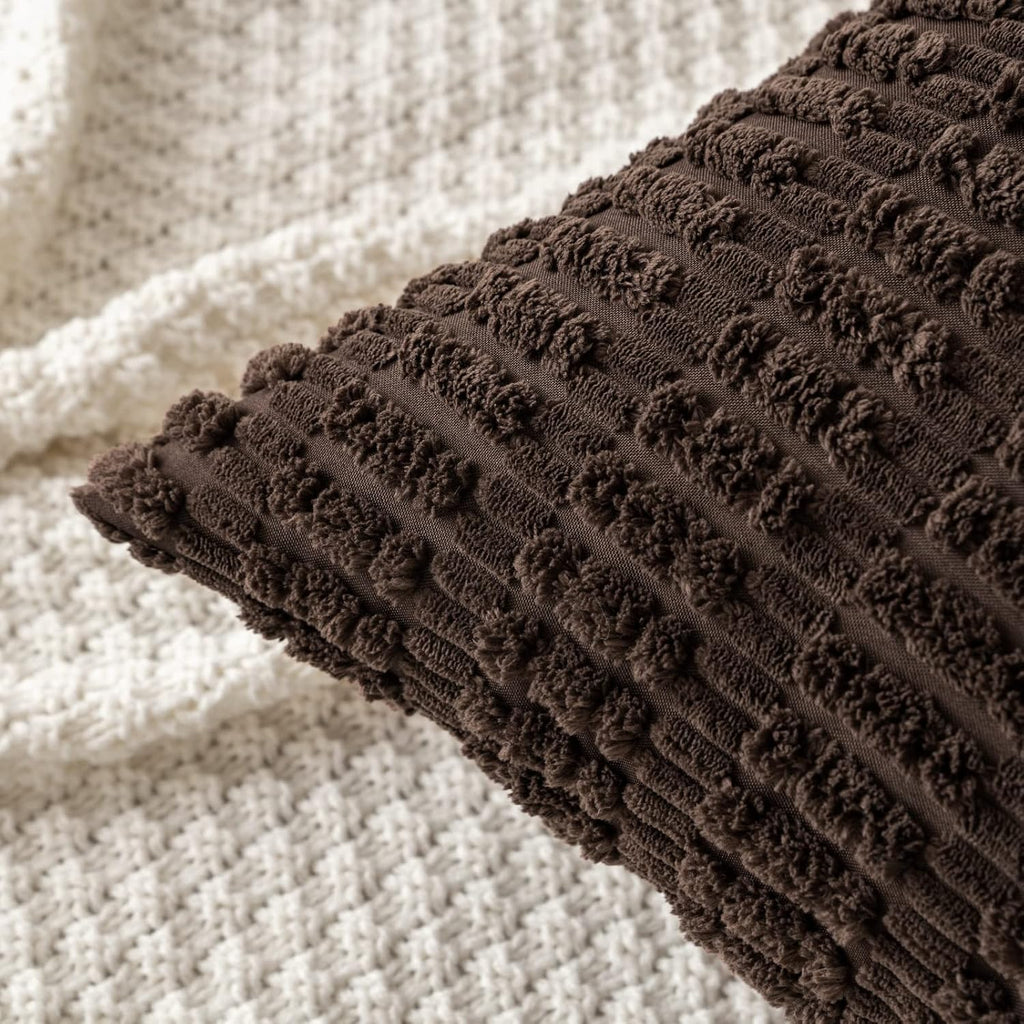 MIULEE Euro Sham Pillow Covers - Soft Corduroy Boho Striped Design | 24x24 Inch Dark Brown for Modern Home Decor