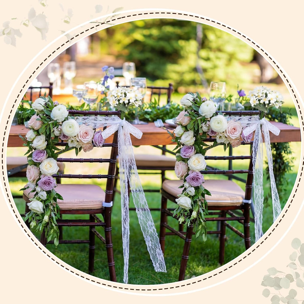 Skiennix 24 Pcs Lace Chair Sashes - Elegant Wedding Aisle Decorations | White Chair Bow Ribbons