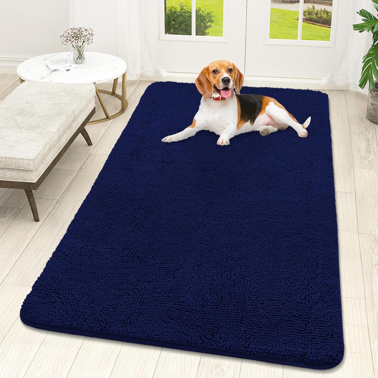 OLANLY Dog Door Mat - Absorbent Non-Slip Washable Chenille Mat for Muddy Paws | 59x32 Navy Blue