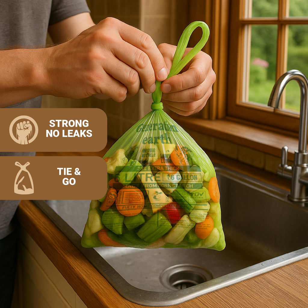 120 Bags 1.6 Gallon (6L) | Tie Handle Compostable Food Waste Bags | BPI Certified Kitchen Countertop Compost Bin Liners | Extra Strong Biodegradable Caddy Bags | Generation earth