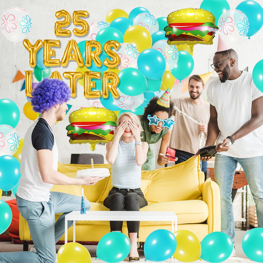 Sponge 25th Birthday Decorations, 25 Years Later letter Balloons Set for Ocean Theme Party,Birthday Decor,Mermaid,Baby Shark,with Hamburger Balloons,Blue Backdrop Bubble Garland and Crepe Paper