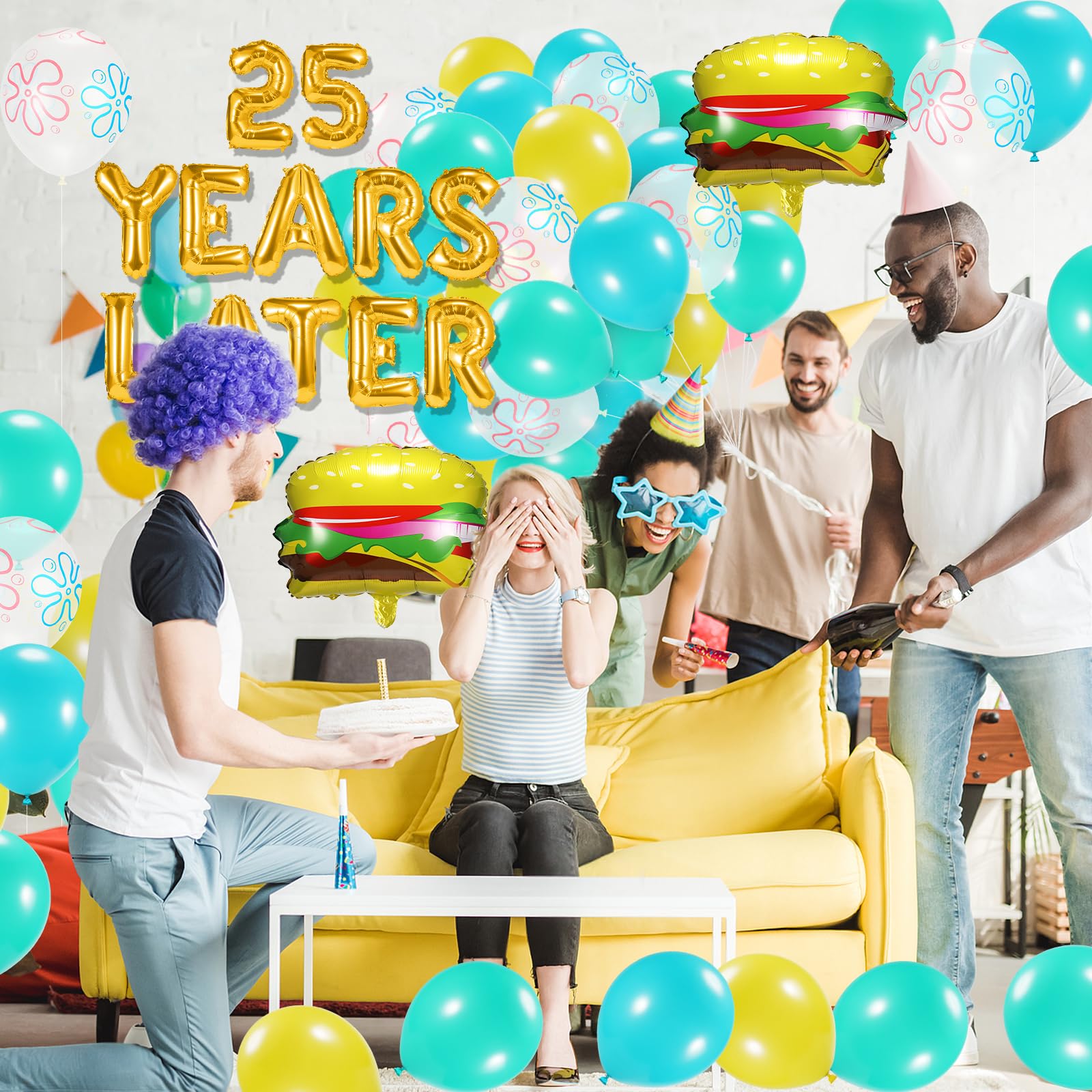 Sponge 25th Birthday Decorations, 25 Years Later letter Balloons Set for Ocean Theme Party,Birthday Decor,Mermaid,Baby Shark,with Hamburger Balloons,Blue Backdrop Bubble Garland and Crepe Paper
