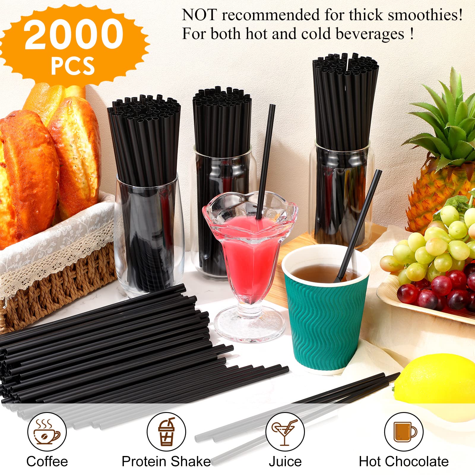 Hoolerry 2000 Pcs Disposable Drinking Straws Bulk Long Plastic Straws 8.25" Long and 0.25'' Diameter for Cocktail Drink Cups Juice(Black)