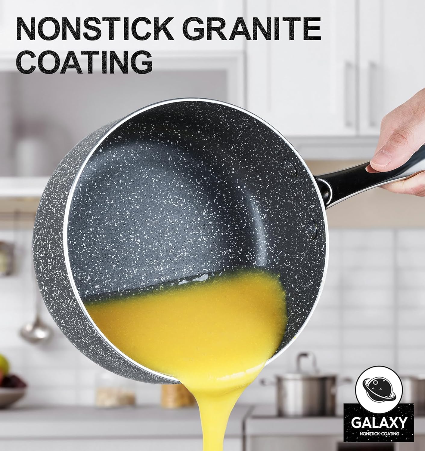 MICHELANGELO Nonstick Sauce Pan with Lid - 1 Quart Granite Cookware with Stainless Steel Handle | Grey