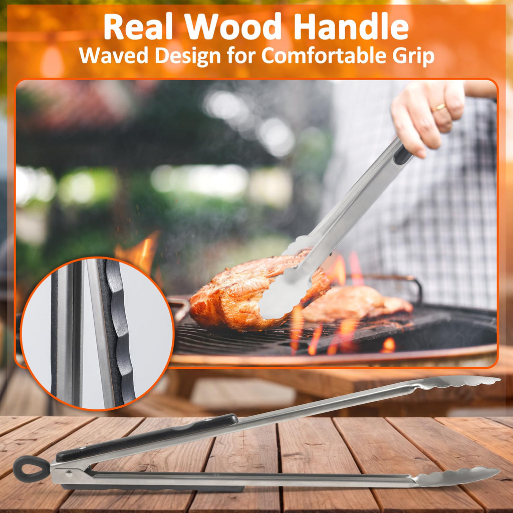 17-Inch Long Wood-Handled Grill Tongs, Stainless Steel Metal Tongs for Cooking, Grilling, Charcoal, Barbecue/BBQ, Buffet