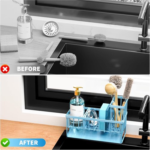 Cisily Kitchen Sink Caddy Organizer - Rustproof 304 Stainless Steel with Brush & Sponge Holder | Blue Home Decor