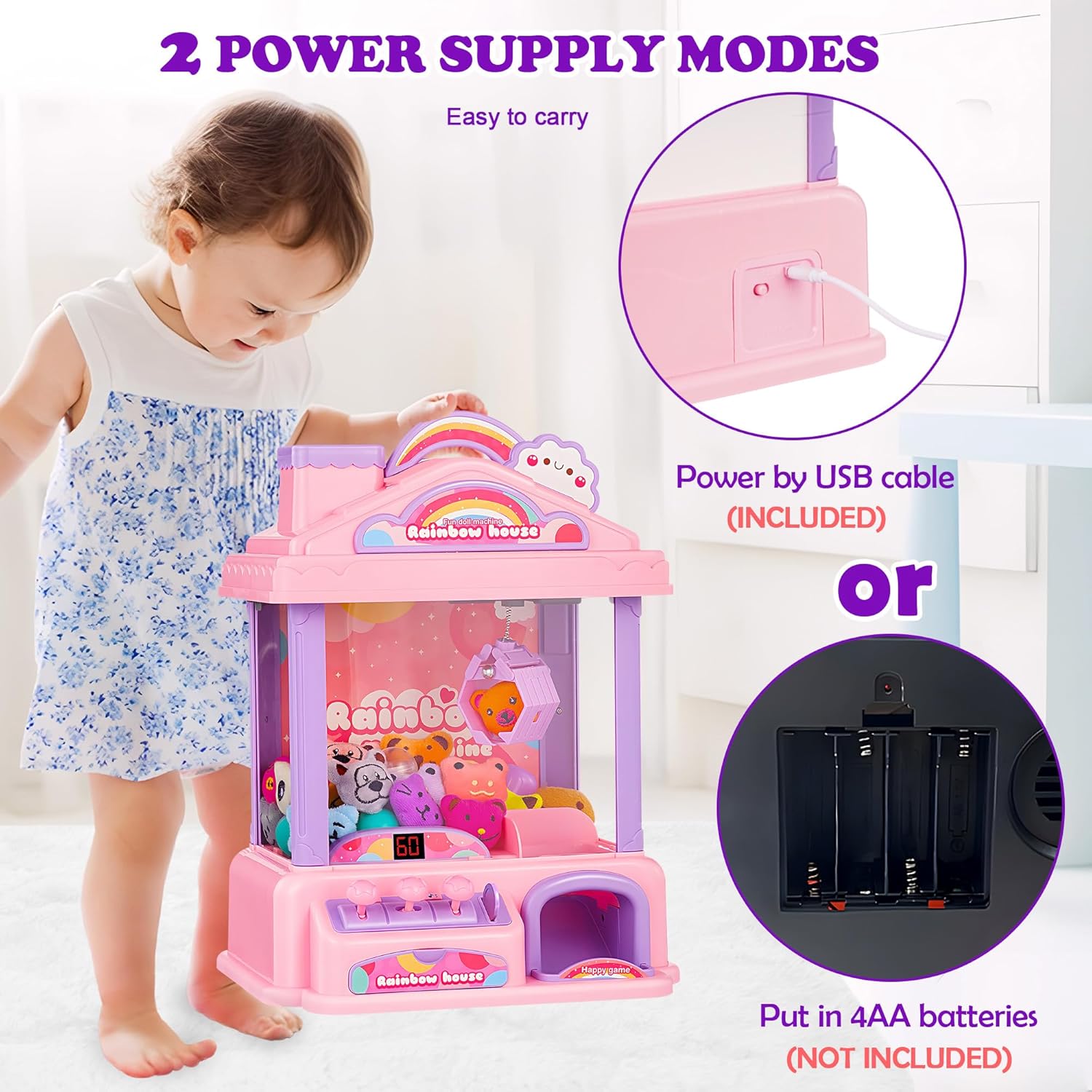 Skiennix Mini Claw Machine - Electric Arcade Game Toy with LED Lights & Adjustable Sound | Pink, Ages 4+