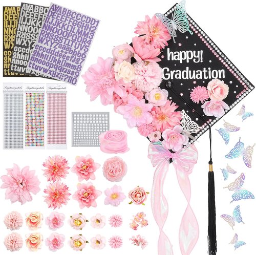 FYSUIMU Graduation Cap Decorations Kit - DIY Pink Grad Hat Toppers with Flowers & 3D Butterfly Stickers