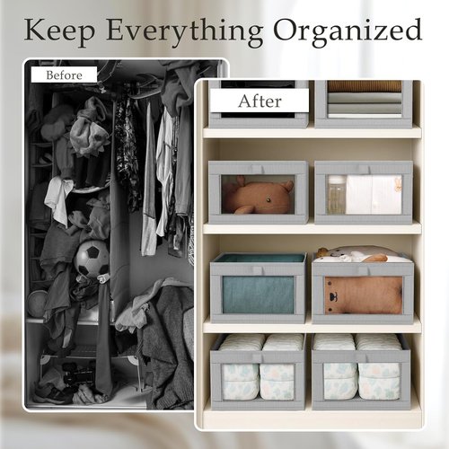 Criusia Linen Closet Organizers - 4 Pack Large Foldable Storage Baskets for Towels, Clothing & More | Grey