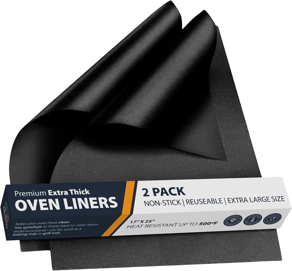 Skiennix Oven Liners - Heavy Duty Non-Stick Mats, 2 Pack, 17”x25” | BPA & PFOA Free for Easy Cleaning (Black)