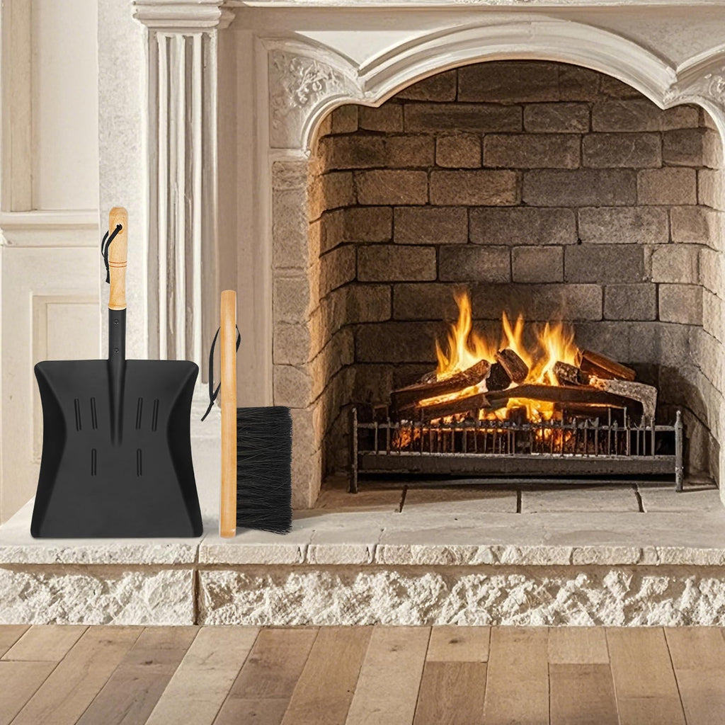 Permade Fireplace Ash Shovel and Brush Set, Coal Shovel and Hearth Brush Set, Fireplace Tools Set Indoor Outdoor Rust Resistant Made of Natural Wood & Coco Bristles for Easy Cleaning