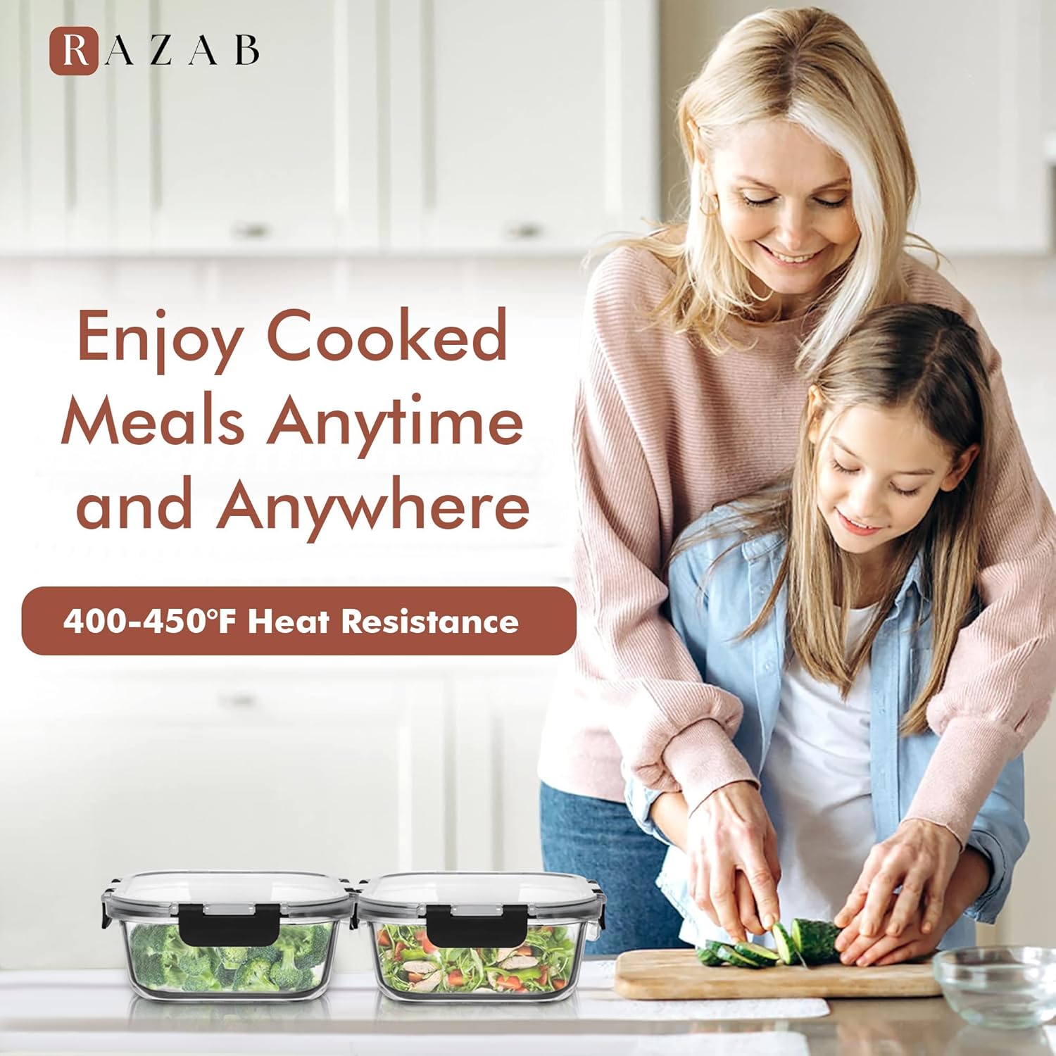 Razab Glass Food Storage Containers - 1200ML Airtight & Leakproof | Microwave, Oven, Freezer Safe, BPA Free