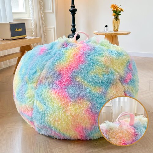 XeGe Faux Fur Comfy Bean Bag Cover(No Filler) for Living Room, Tie Dye Fluffy Stuffed Animal Storage Bean Bag Chair Cover, Furry Fuzzy Bean Bag Cover for Adults Teens Kids Girls, Anti-Slip, Rainbow