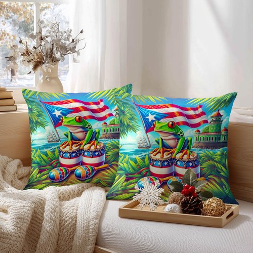 HOMETITUTE Set of 2 Puerto Rico Throw Pillow Covers 18x18 Inch Soft Decorative Coqui Frog Flag Drum Maracas Cushion Covers Tropical Island Culture Pillow Cases for Sofa Couch Bed Home Decor