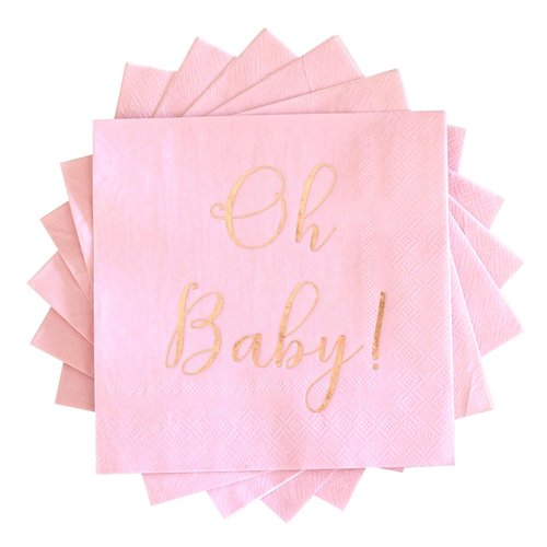 Baby Shower Napkins - 50 Pack Disposable Paper Luncheon Cocktail Napkins with Foil "Oh Baby!" Folded 6.5"x6.5" for Girl Baby Shower Party (Pink with Rose Gold)