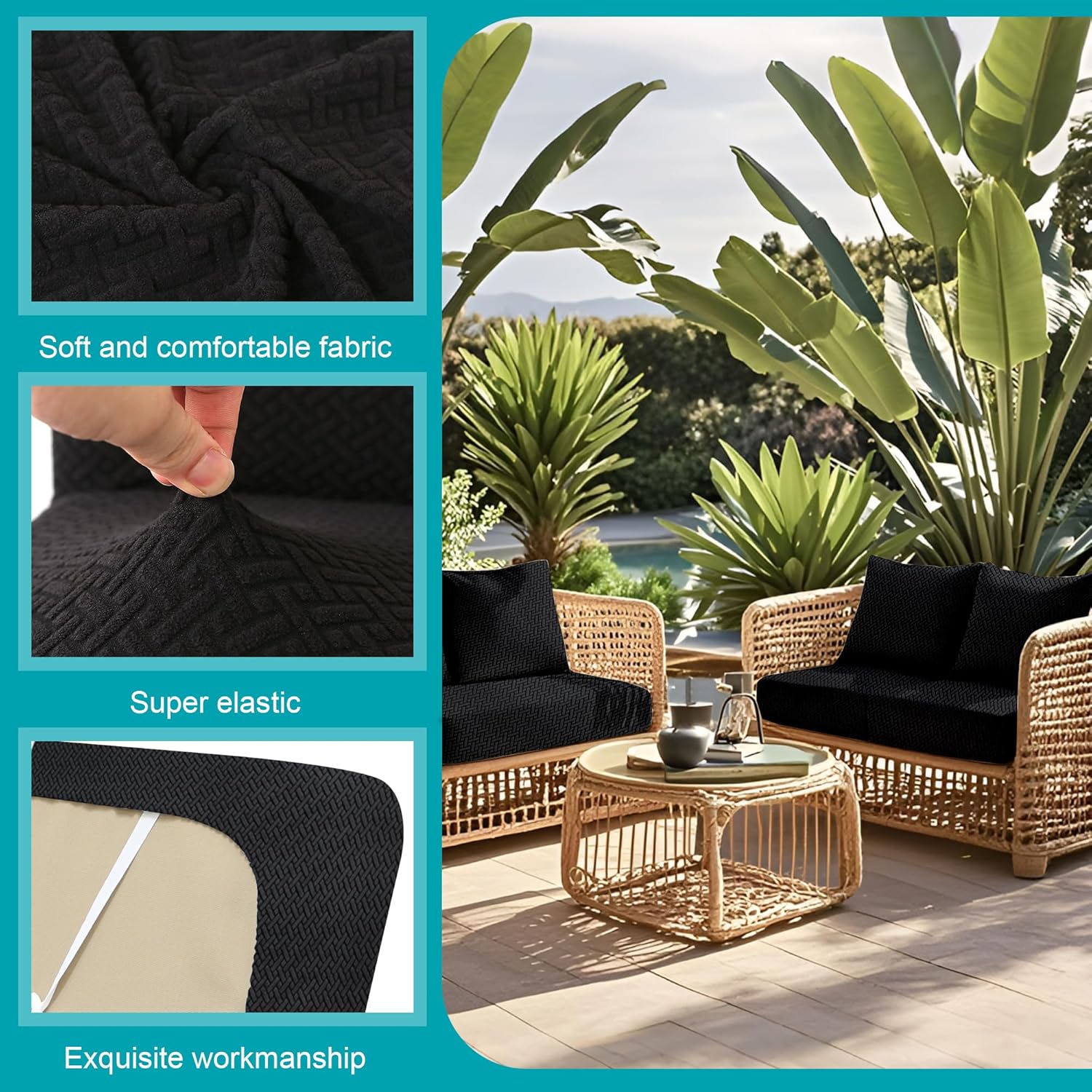 Skiennix 12-Piece Stretch Patio Cushion Covers - Washable & Reusable Outdoor Furniture Protectors | Black