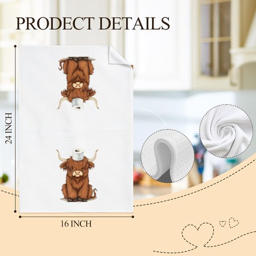 LADOCK Funny Highland Cow Bathroom Hand Towels, Highland Cow Bathroom Decor, Cute Scottish Cattle Farm Animal Hand Towels for Kids Bath Room Washroom Decor, 16x24 Inch Set of 2