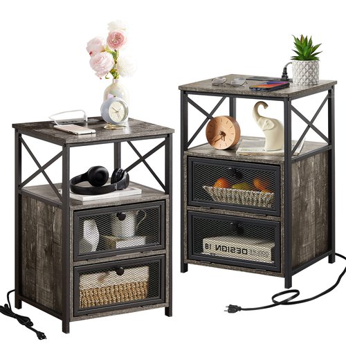 VECELO Oak Gray End Table with USB Ports and Outlets,24 Inch Nightstands with Charging Station and Storage Shelf for Bedroom,Living Room, 2 Set