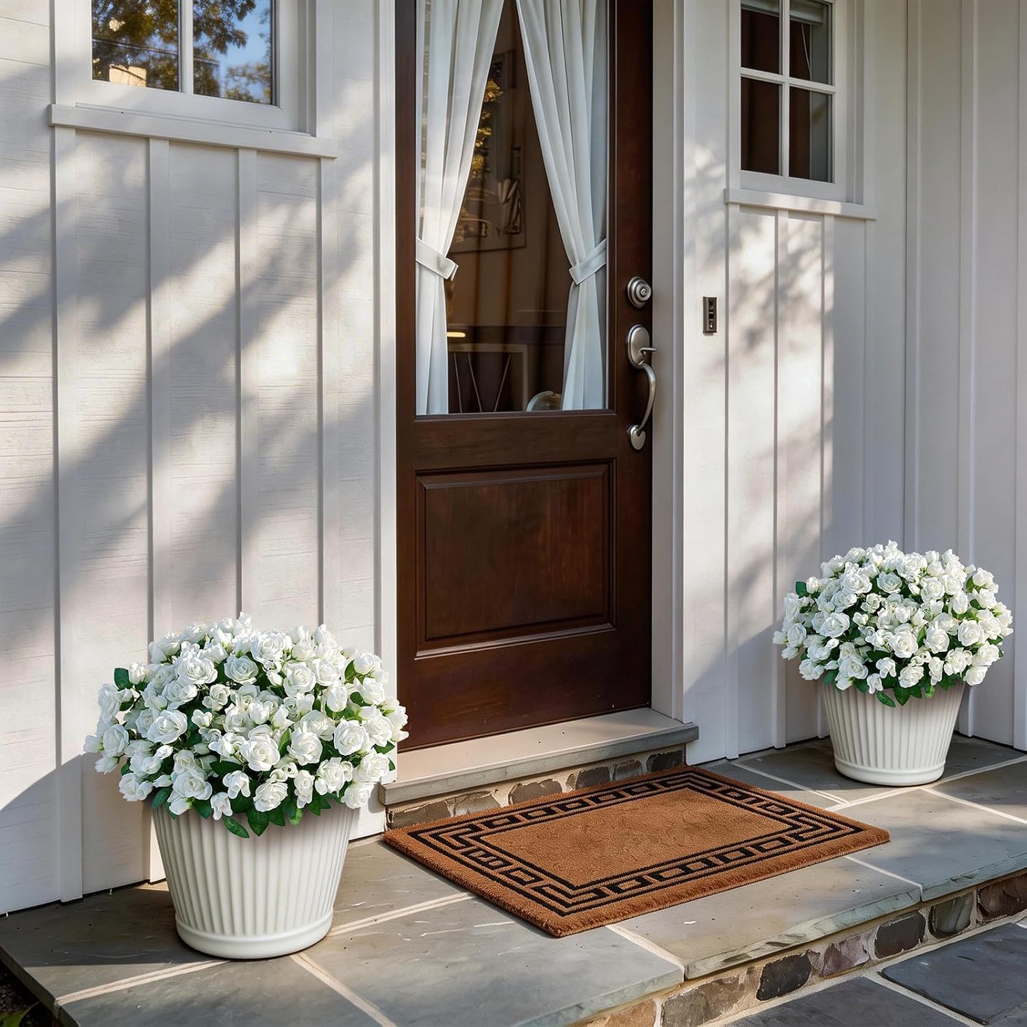 Skiennix Artificial Roses - Realistic Silk Bouquets for Outdoor Decor | UV Resistant White Flowers (8 Bundles)