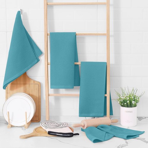 Homaxy Kitchen Dish Towels - Ultra Soft 100% Cotton Waffle Weave | Quick Drying, 13 x 28 Inches, 12-Pack, Lake Blue