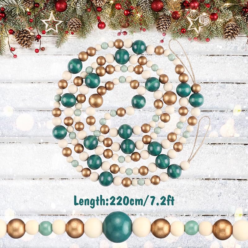 Sage Green & Natural 4 Pcs Wood Bead Garland 28.8 ft – Farmhouse Christmas Decor (Variation: Sage Green, Natural)