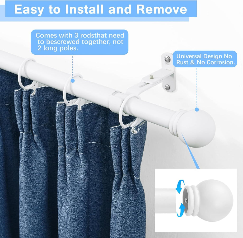 Max Adjustable Curtain Rods by [Brand Name] | 16 to 48 Inches | 1" Diameter with Round Finials - White