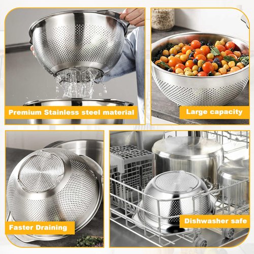 3 Pcs Stainless Steel Colander Strainer Set Metal Colander for Kitchen Pasta Strainer for Rice Food Fruits Spaghetti Vegetables (2QT, 3QT, 5QT)