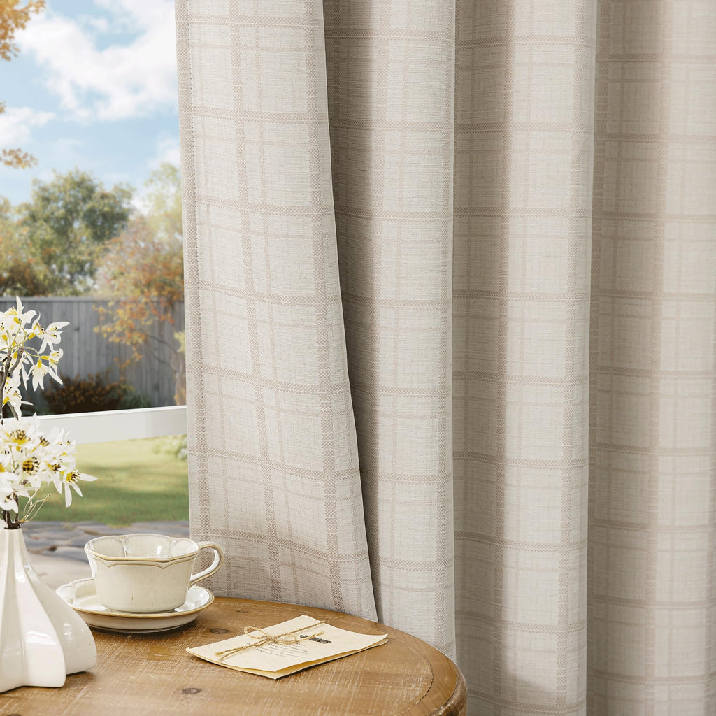 Beauoop Beige Plaid Jacquard Blackout Curtains 84 Inches Long 2 Panels for Bedroom Living Room Gingham Checkered Room Darkening Thermal Insulated Soundproof Grommet Window Drapes, 52x84 2 Set