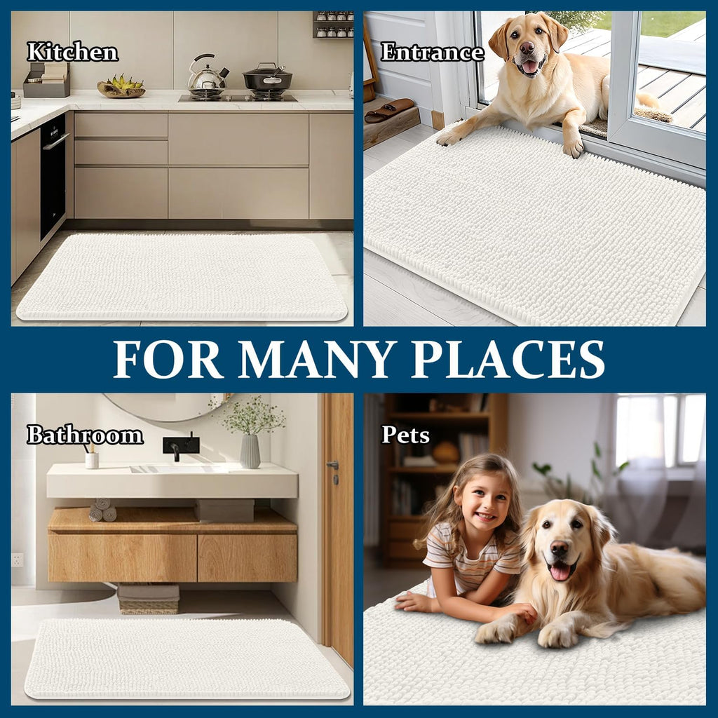 OLANLY Dog Door Mat - Absorbent Non-Slip Washable Chenille Mat for Muddy Paws | 36x24 Inches, Ivory