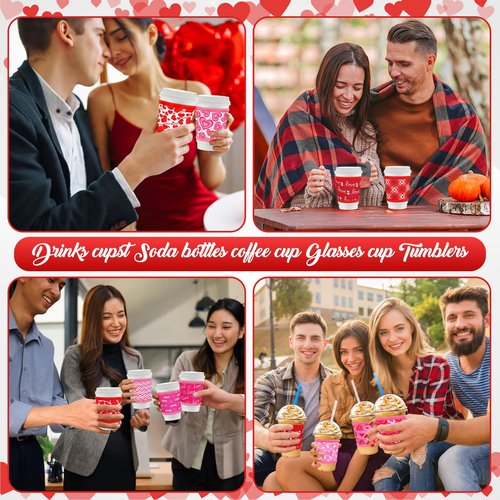 Potchen 16 Pack Reusable Iced Coffee Cup Sleeves Neoprene Insulated Drink Cup Insulator Sleeve for Cold Hot Drinks Ice Coffee Sleeve for 12-16Oz (Valentine)