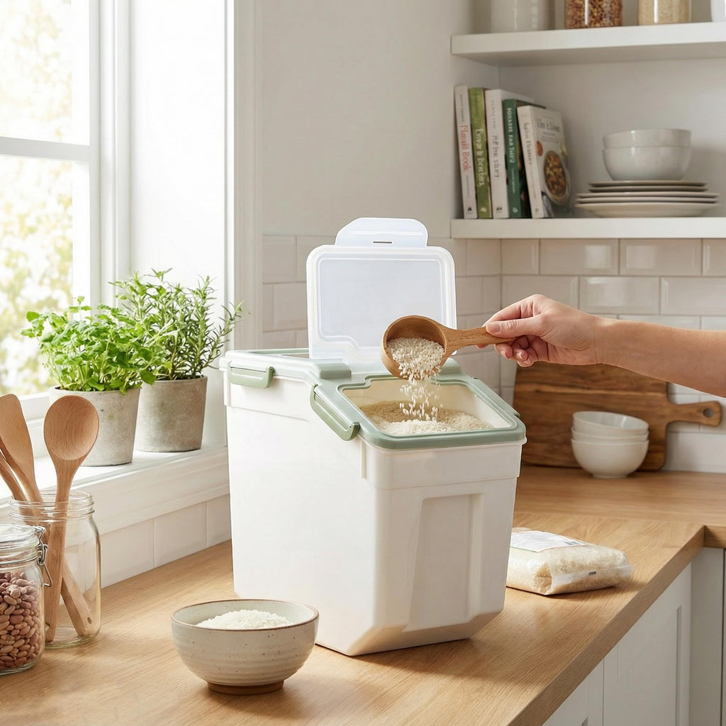 RUIAN Large Airtight Storage Container, 25lb Flour Rice Storage Containers Bin with Wheels Seal Locking Lid, with Measuring Cup&Scoop for Flour, Rice, Grain (Green, 2PCS)