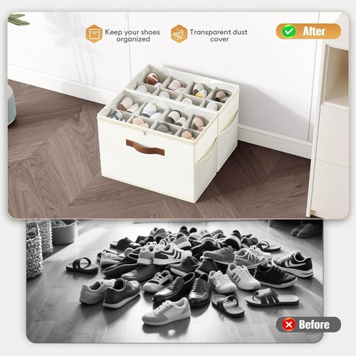 Budding Joy Shoe Organizer - Clear Foldable Storage Containers with Adjustable Dividers | Fits 16 Pairs, Beige