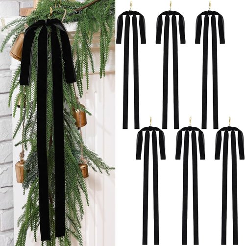 Janinka Black Velvet Ribbon Bows - 6 Pcs Rustic Christmas Tree Decorations | Large 23.5x15.5 Inch Ornaments