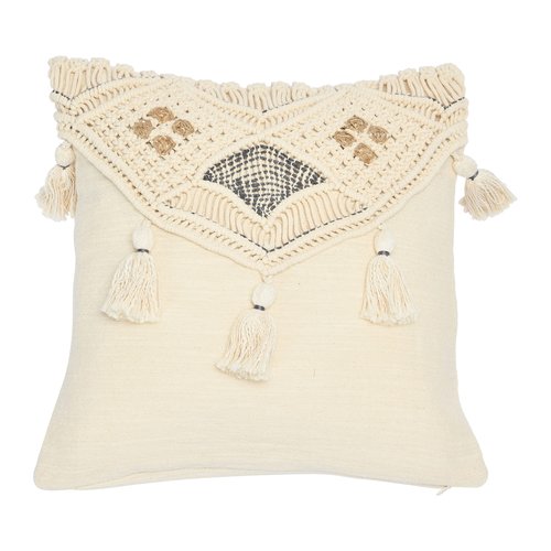 Bloomingville Hand-Woven Cotton and Jute Macramé Tassels Pillow, 16" L x 16" W x 2" H, Multicolor