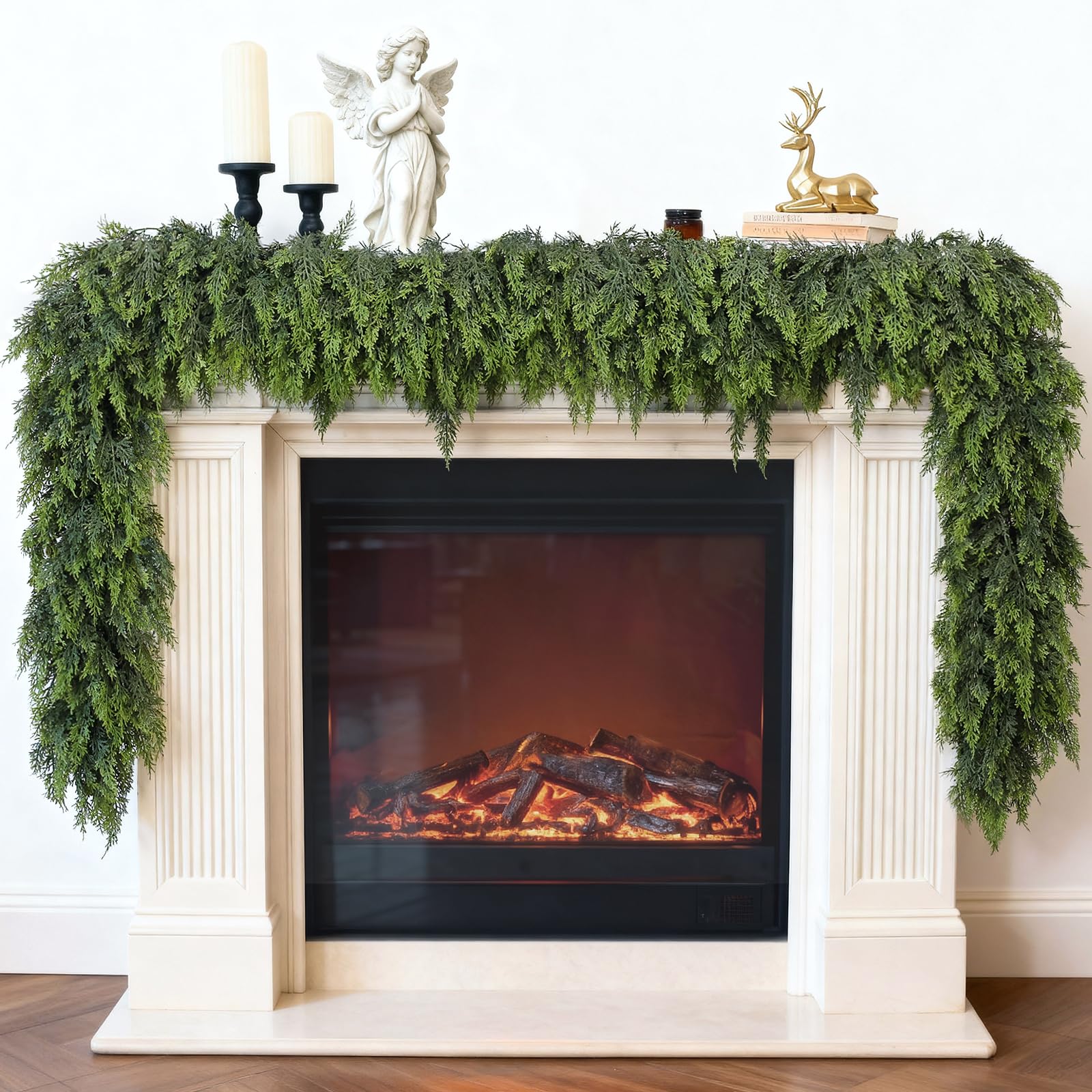 Soft Textured Christmas Cedar Garland -9ft Artificial Garlands Faux Cedar Fake Pine Needles Garland for Fireplace,Table,Window,Stairs,Mantle,Holiday Indoor Outdoor Xmas Decor(1PCS)