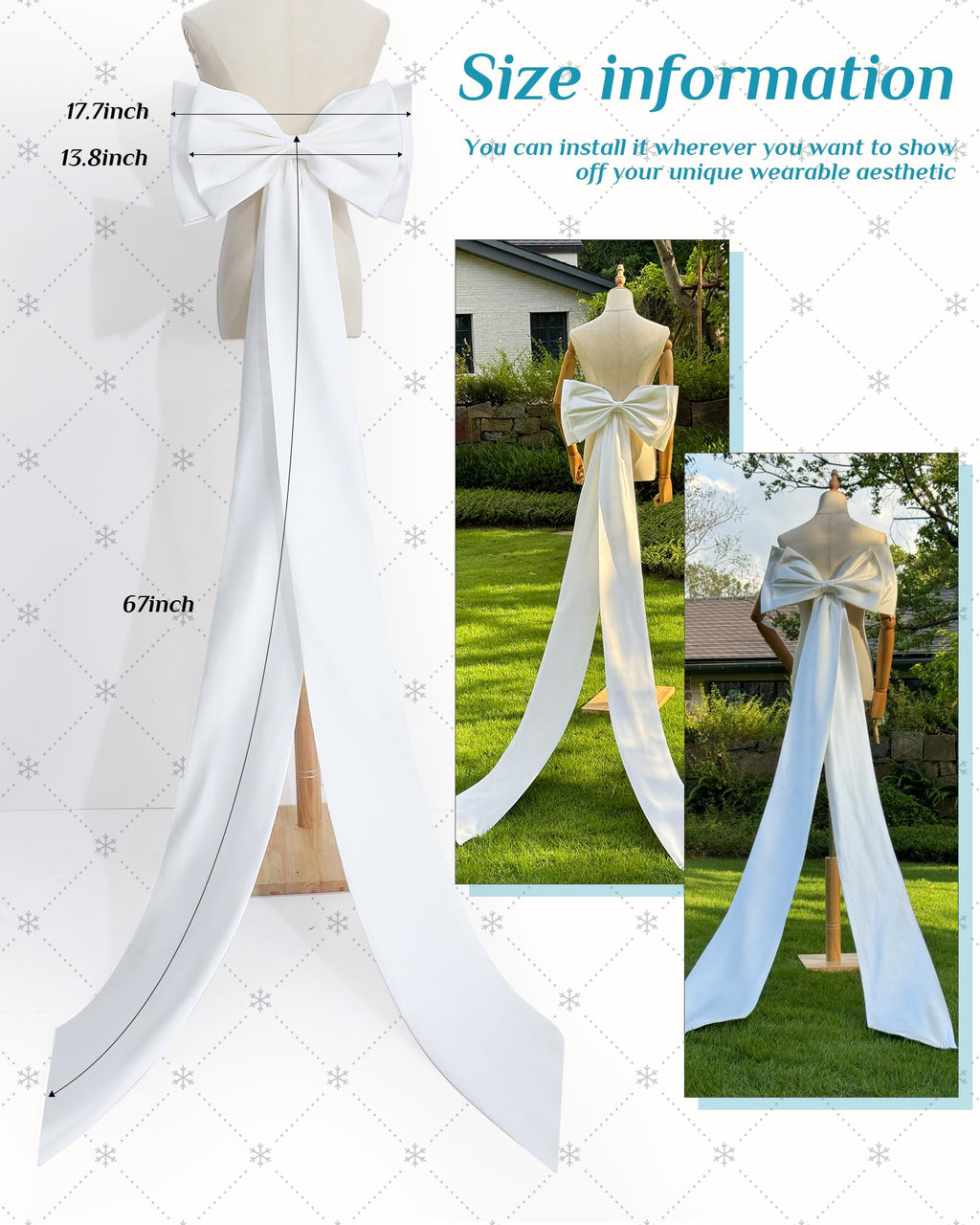 Chuarry Extra Long 67" Satin Bow for Christmas Tree, Detachable Train Removable Sweep Train Waist Sash Belt for Dress(White,Satin Style)