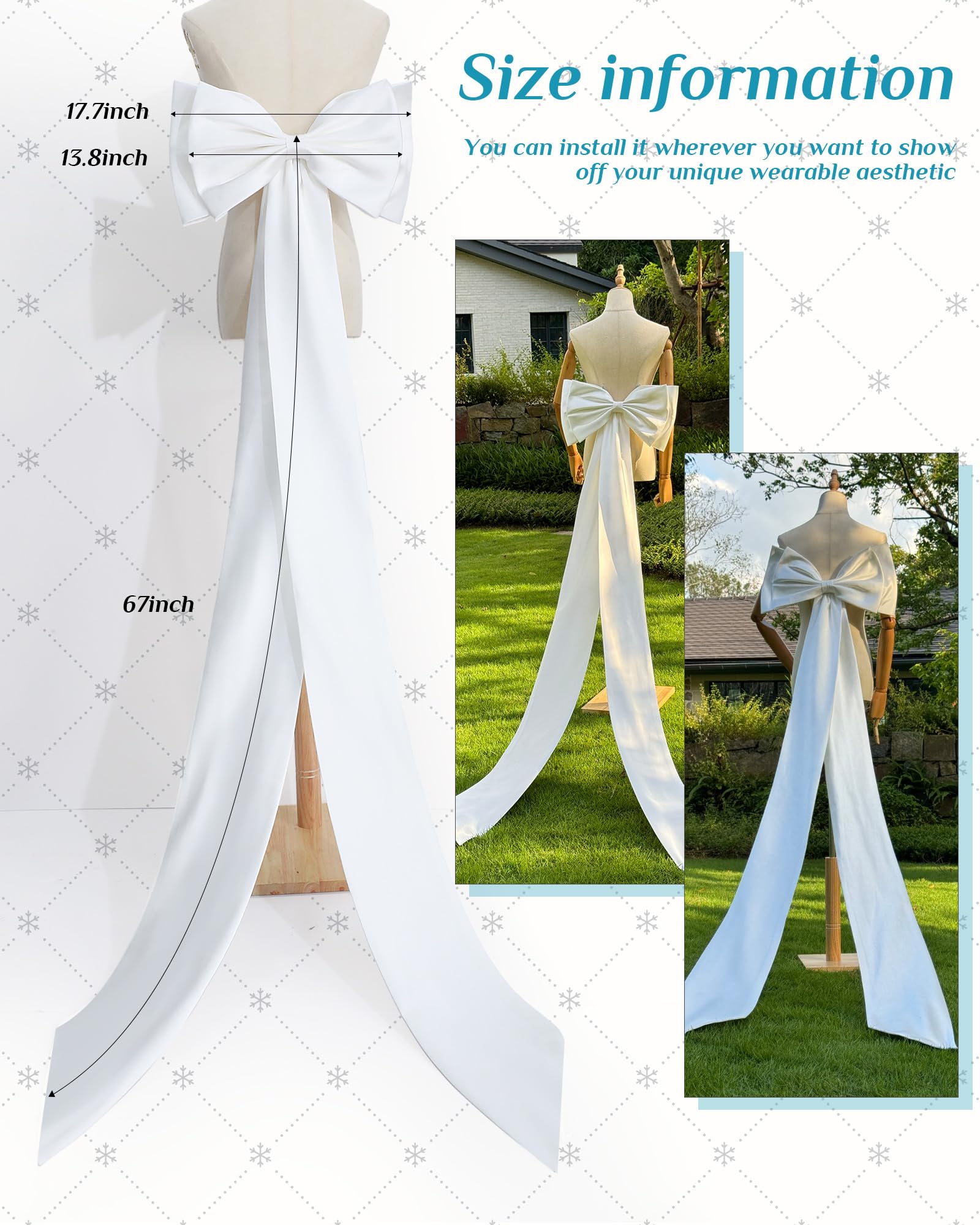 Chuarry Extra Long 67" Satin Bow for Christmas Tree, Detachable Train Removable Sweep Train Waist Sash Belt for Dress(White,Satin Style)