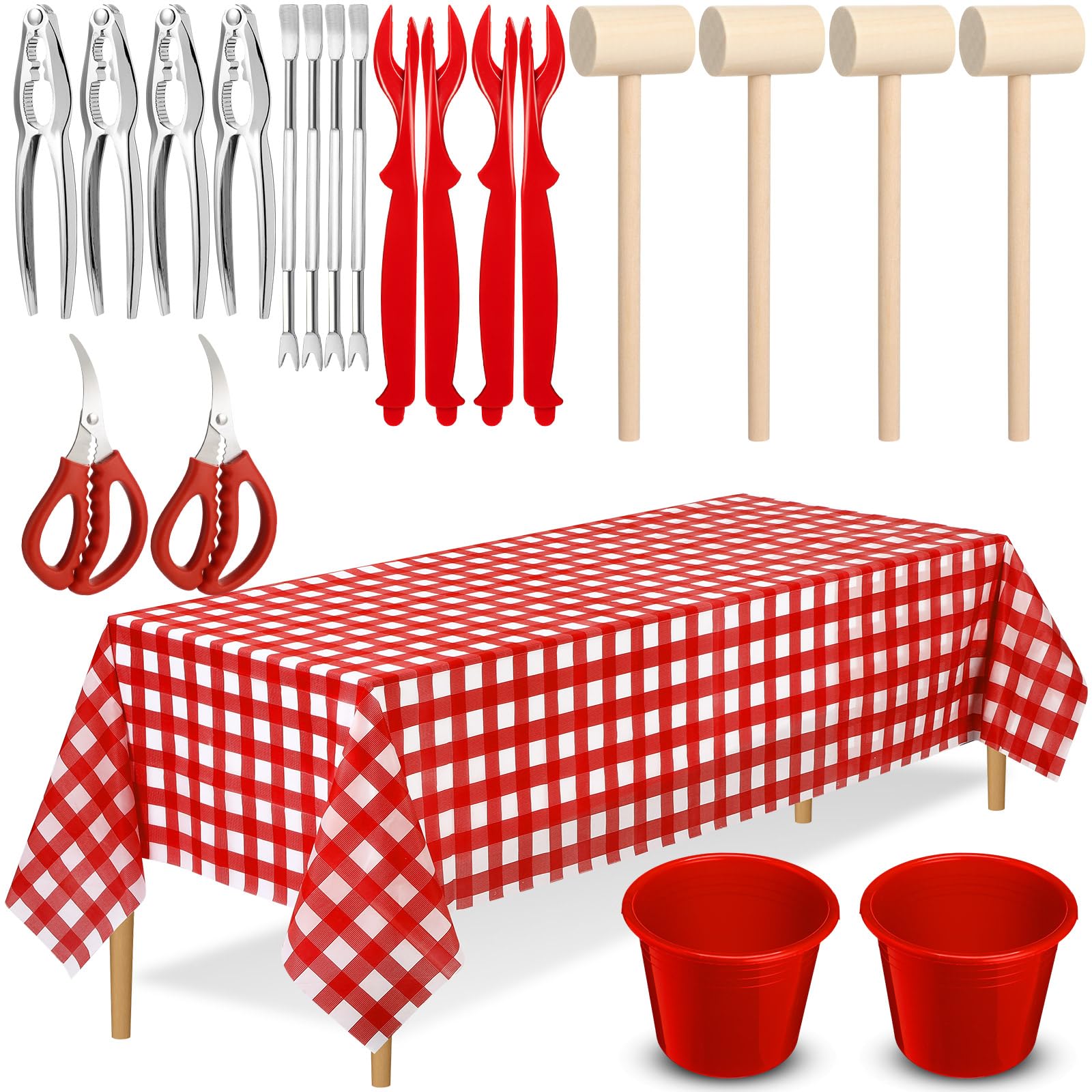 SmoothNovelty 21 Pcs Seafood Tools Set Seafood Boil Party Supplies, Tablecloth Crab Crackers Scissors Lobster Sheller Hammer Shellfish Fork Cracker Plastic Bucket for Lobster Crawfish Food Party