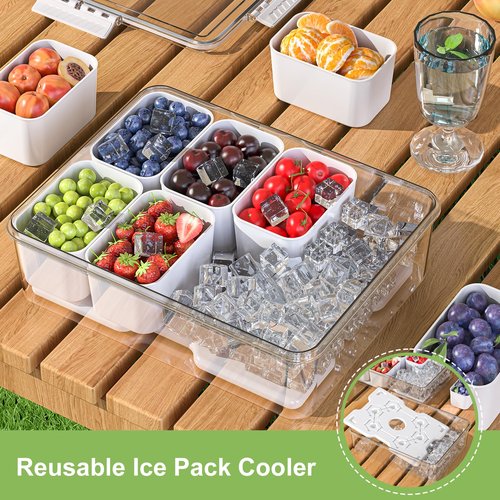 Locliki Chilled Snackle Box Container with Ice Pack, Charcoolerie Chilled Portable Serving Tray with Lid and Handle， 8 Compartment Snack Container for Charcuterie Snack Road Trip Picnic Keep Fresh