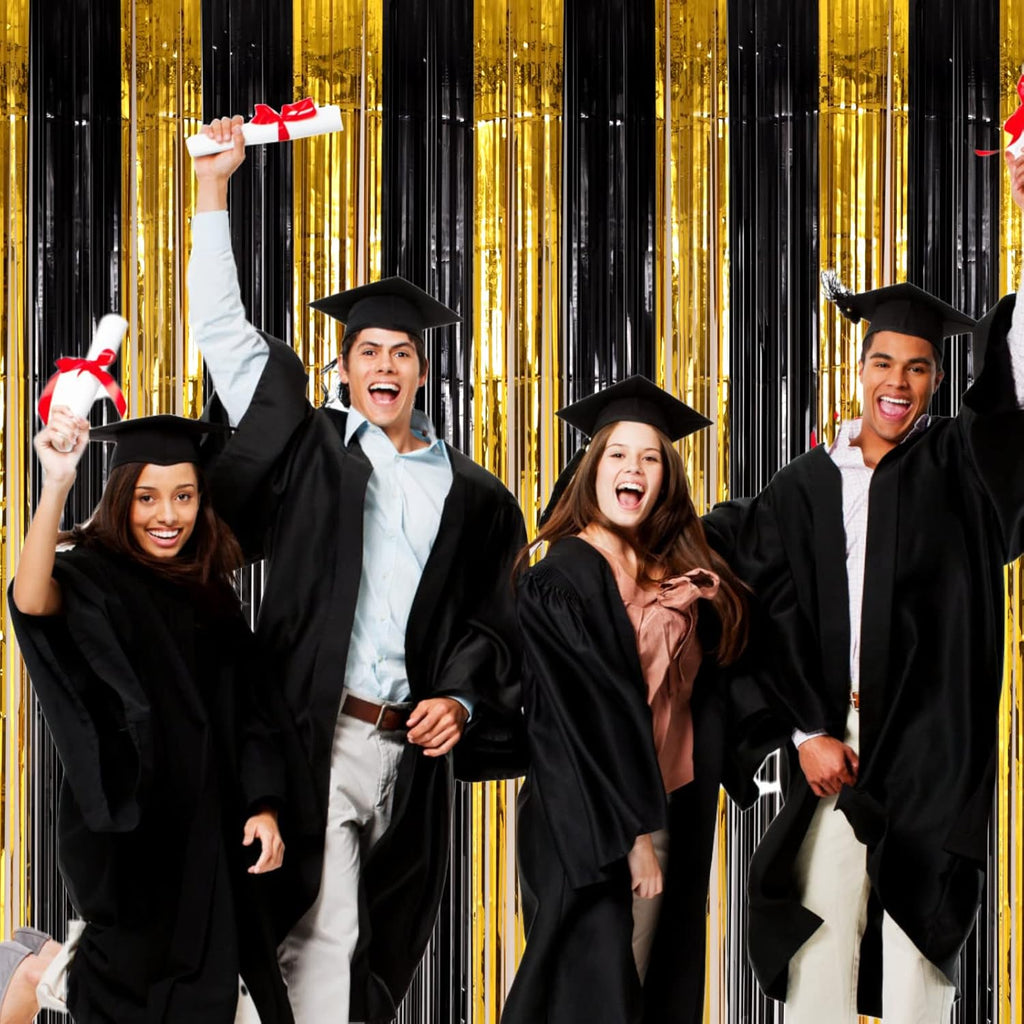 Voircoloria Black and Gold Foil Fringe Backdrop Curtains - 3 Pack Tinsel Streamers for Parties | 3.3x8.2 Feet