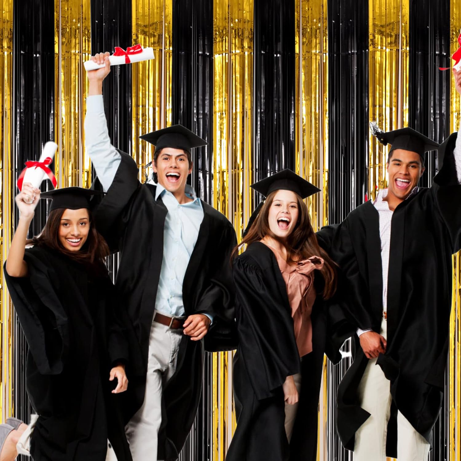 Voircoloria Black and Gold Foil Fringe Backdrop Curtains - 3 Pack Tinsel Streamers for Parties | 3.3x8.2 Feet