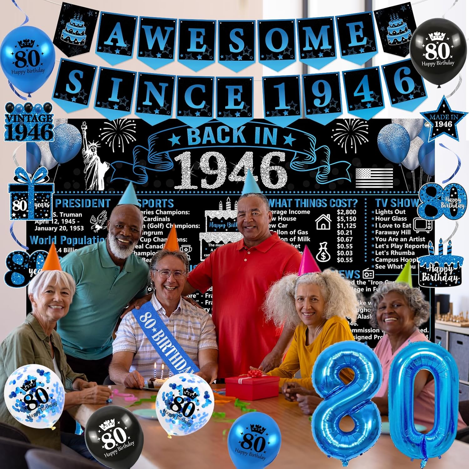 Trgowaul 80th Birthday Decorations - 20PCS Black & Blue Party Supplies Set | Banner, Sash, Cake Topper & Balloons