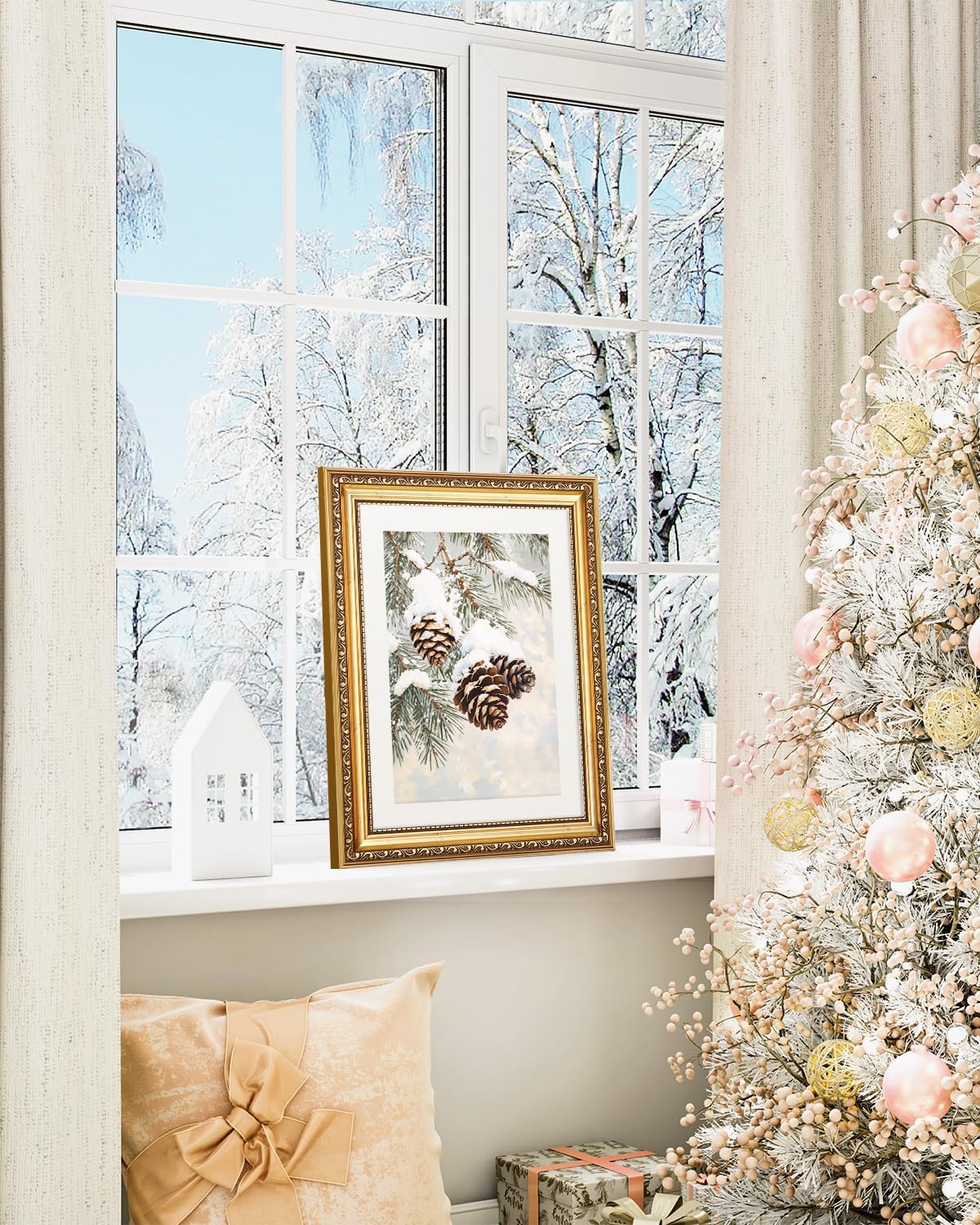 VIYYIEA Gold Framed Christmas Wall Art - Rustic Pinecone & Pine Tree Canvas Print | 11x14in Holiday Decor