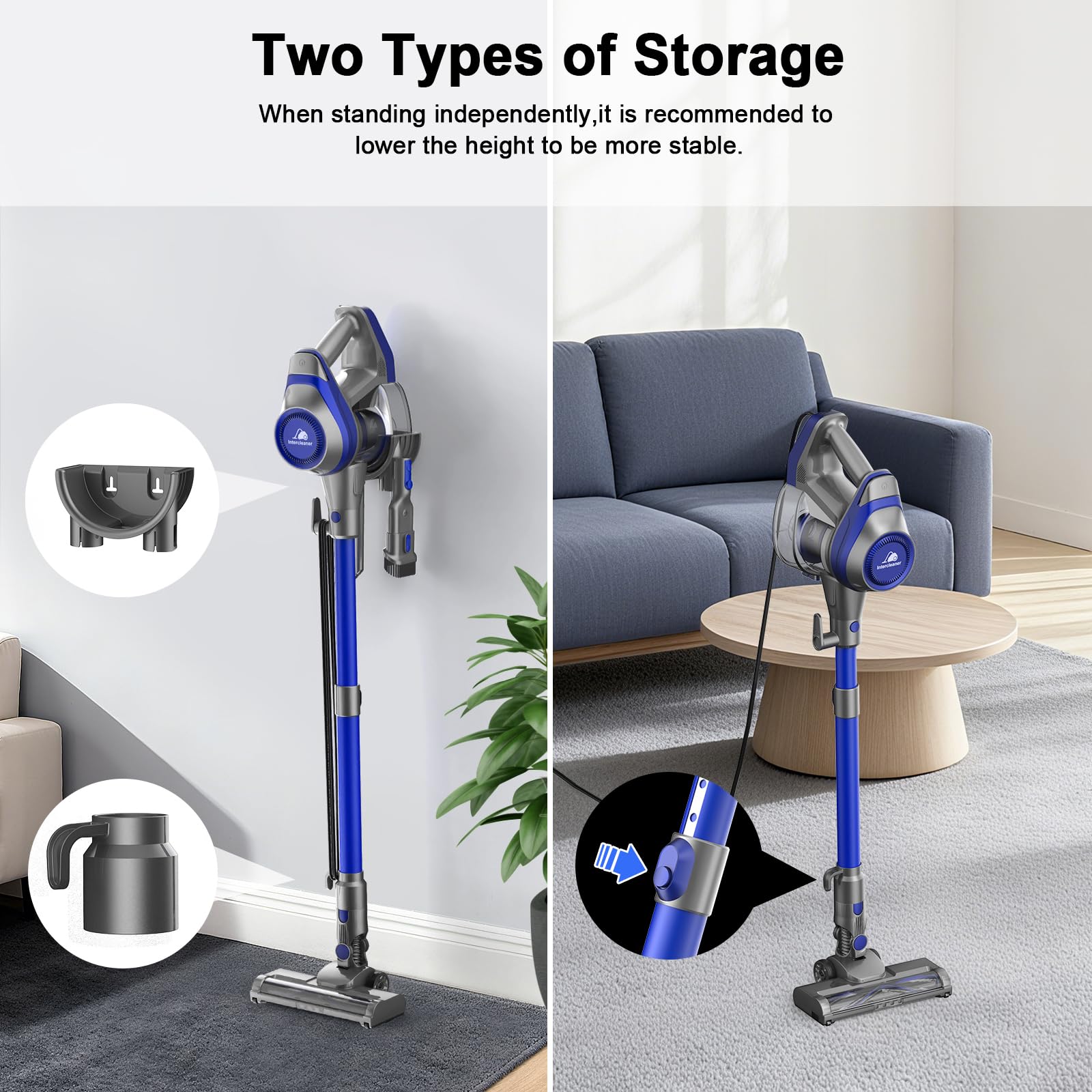 Intercleaner 23Ft Corded Vacuum Cleaner, with LED Headlights & Large Dust Cup, Powerful Suction for Hard Floors & Carpets, Adjustable Stick, Perfect for Pet Hair, Wall Mount Storage