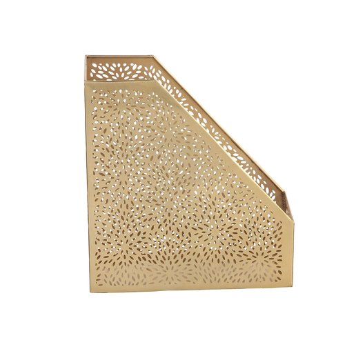 CosmoLiving by Cosmopolitan Metal Single Slot Magazine Holder with Laser Carved Floral Design, 5" x 10" x 12", Gold