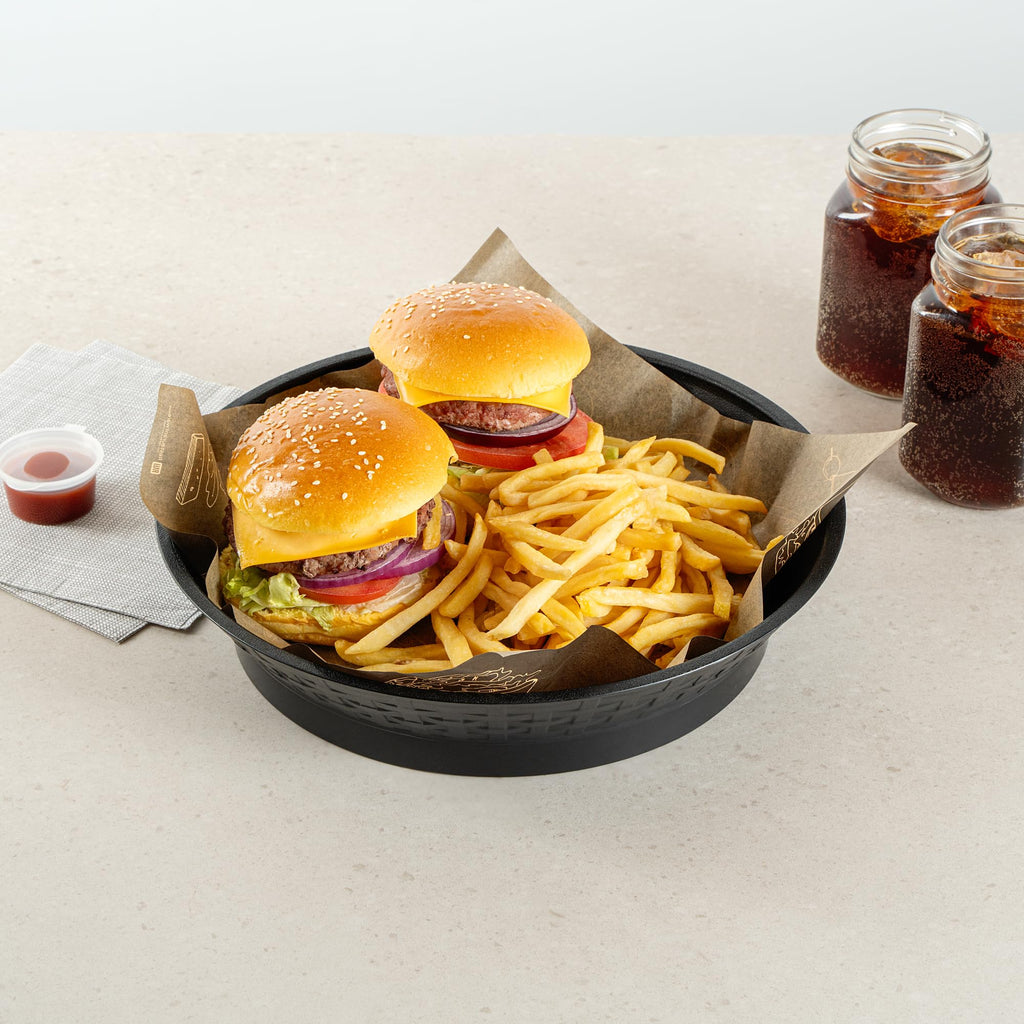 Restaurantware Round Serving Baskets 10 Pack of 12.01 x 2.36 Inch with Base Drainage Slots Microwavable Dishwashable Stackable Plastic Black Food Serving Trays for Restaurants and Catering