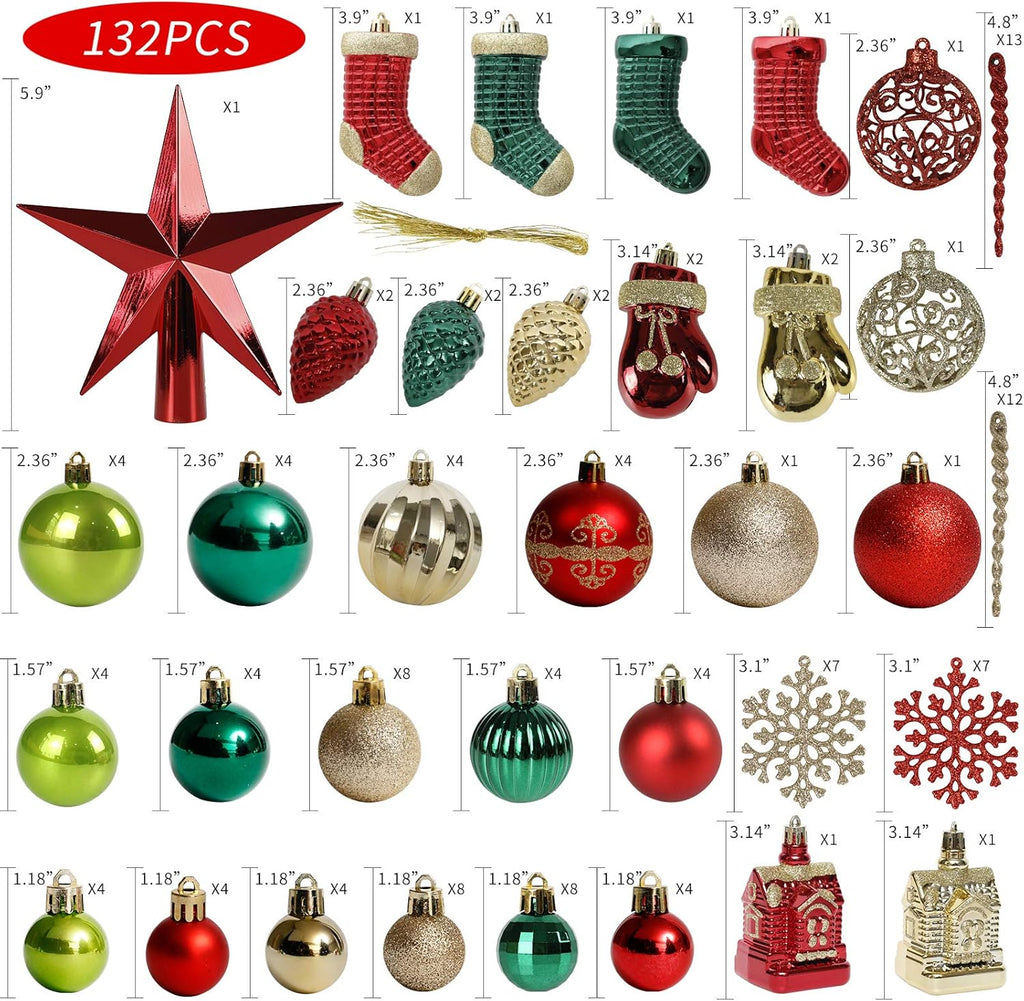 Roseleaf 132-Piece Christmas Tree Decoration Set - Shatterproof Red, Green & Gold Ornaments | Folk Art Style
