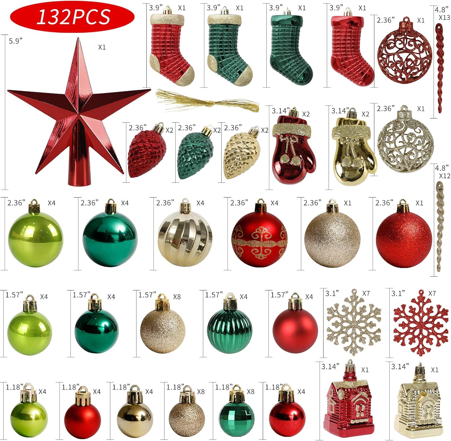 Roseleaf 132-Piece Christmas Tree Decoration Set - Shatterproof Red, Green & Gold Ornaments | Folk Art Style